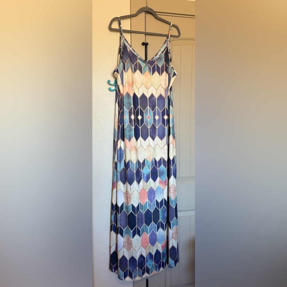 Brand New Geometric Blue and Pink Maxi Dress. Size 3X